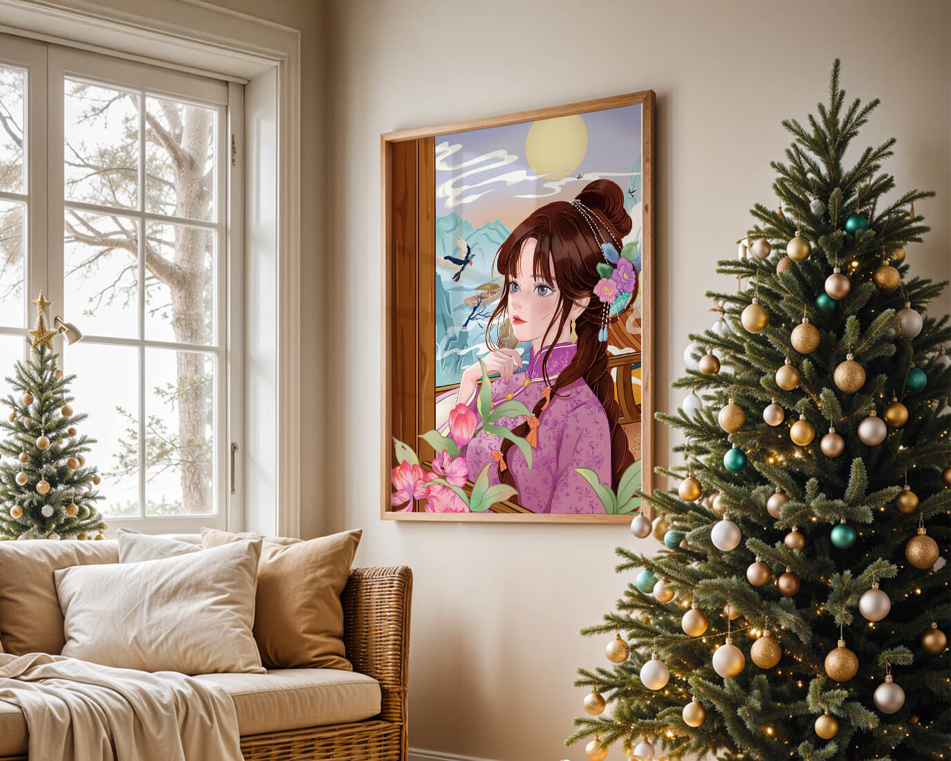 Serene landscape with a woman in traditional dress and mountain view