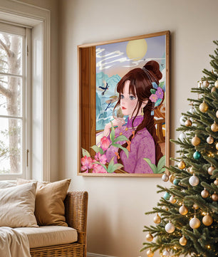Serene landscape with a woman in traditional dress and mountain view