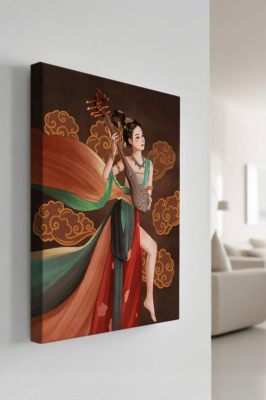 Elegant depiction of a woman playing a traditional string instrument with flowing garments and ornate background