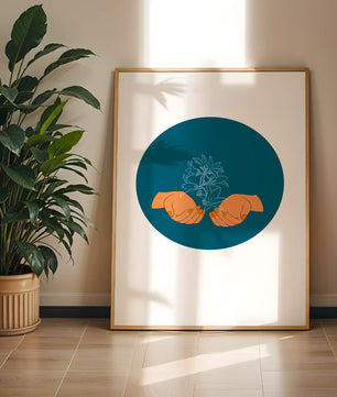 Illustration of Hands Holding a Plant with Teal Background