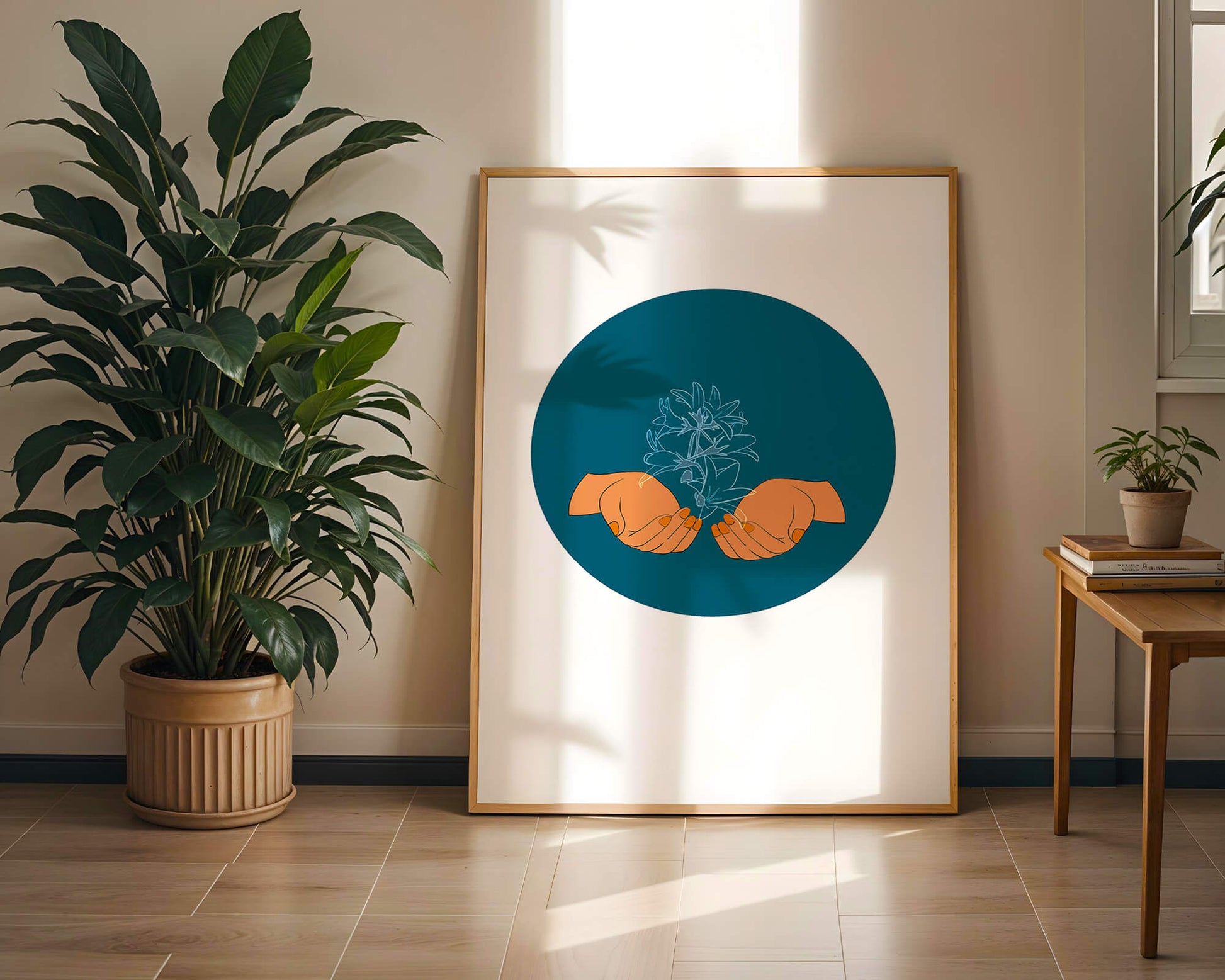 Illustration of Hands Holding a Plant with Teal Background
