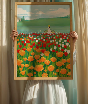 Woman with bicycle in vibrant tulip field by a lake