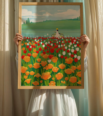 Woman with bicycle in vibrant tulip field by a lake