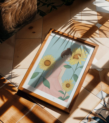 Illustration of a woman in a pink dress with sunflowers