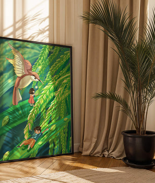 Aventure dans une jungle verdoyante avec des enfants et un oiseau