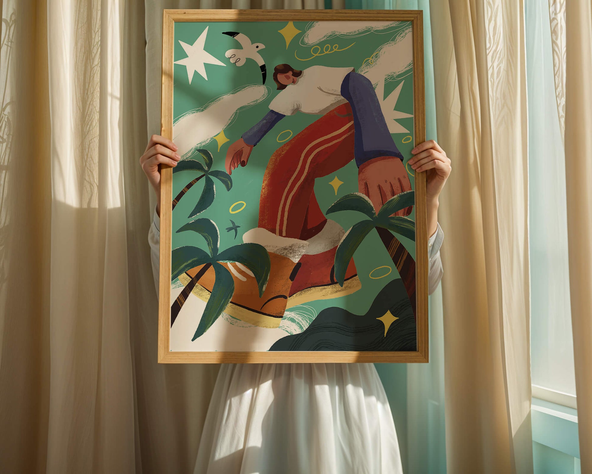 Colorful Abstract Surreal Landscape with Giant Figure and Nature Elements