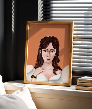 Retrato de una mujer con peinado elegante y reloj dorado