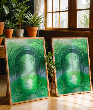 Un túnel de jardín verde sereno con agua reflectante