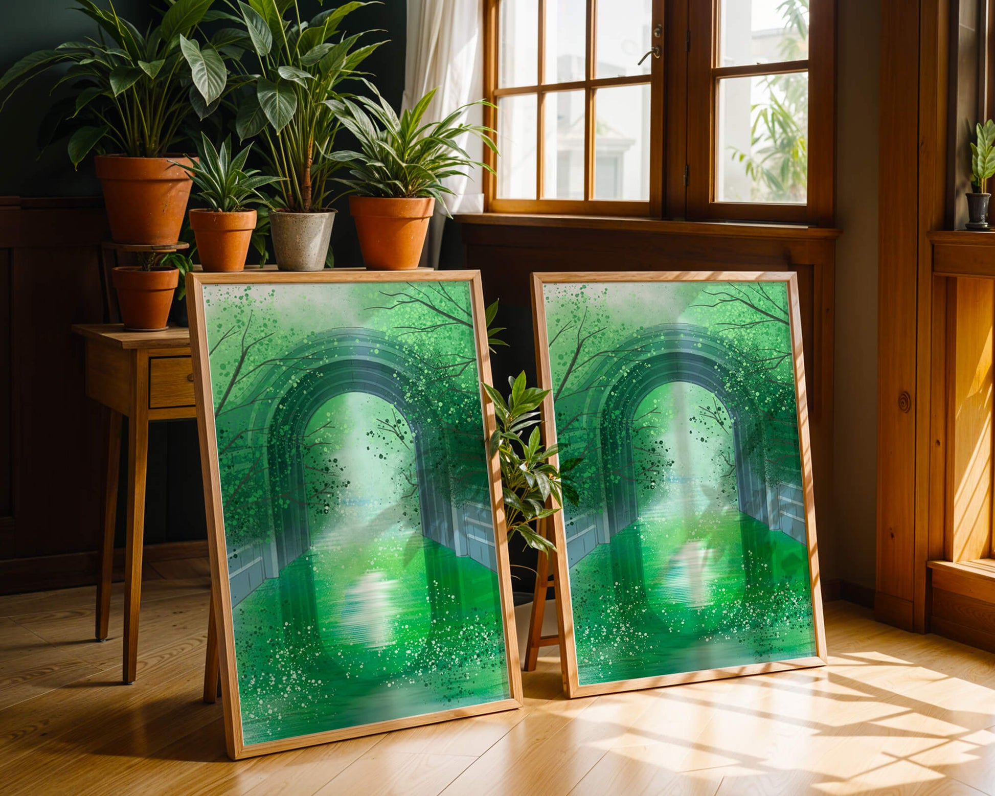 A serene green garden tunnel with reflective water