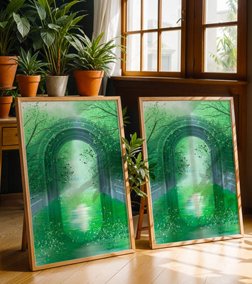 A serene green garden tunnel with reflective water