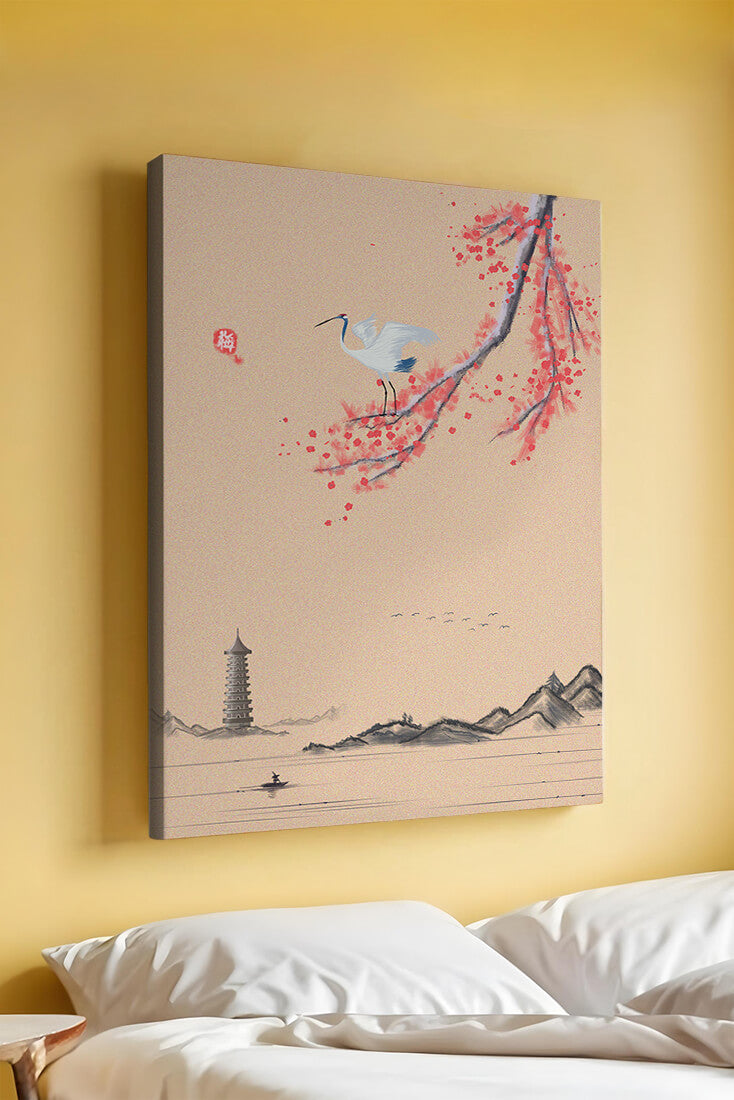 Serene landscape with crane and cherry blossom branch in East Asian style