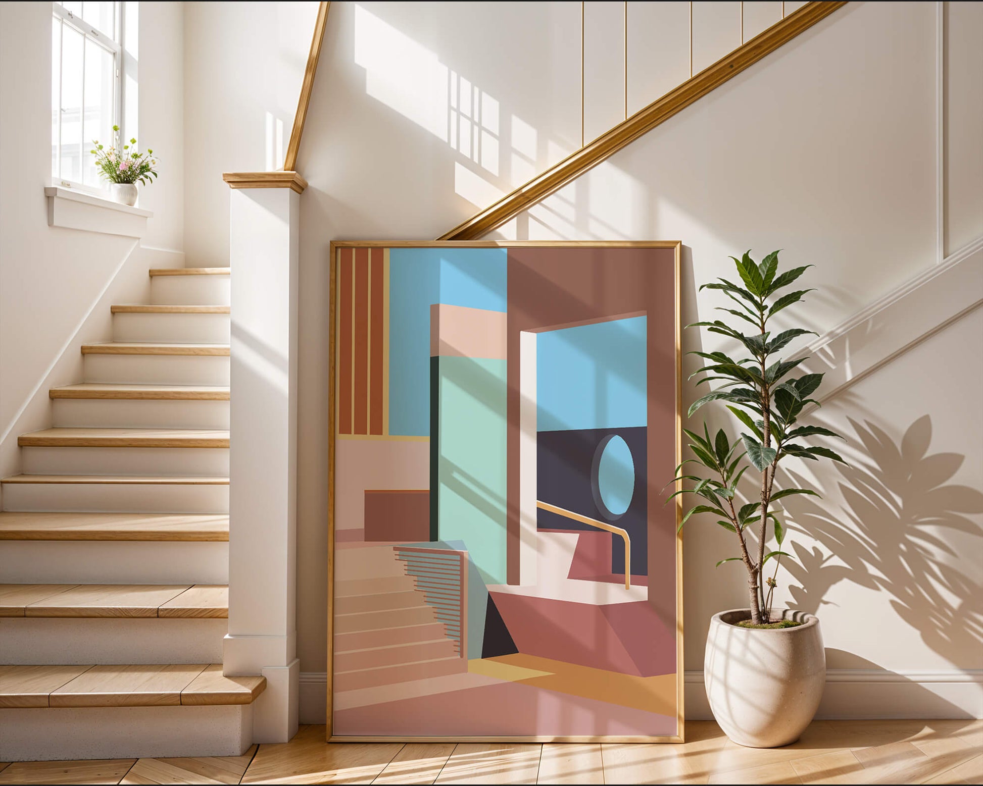 Diseño arquitectónico moderno con elementos geométricos pastel