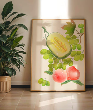 Ilustración de frutas vibrantes que incluye uvas, melón y duraznos