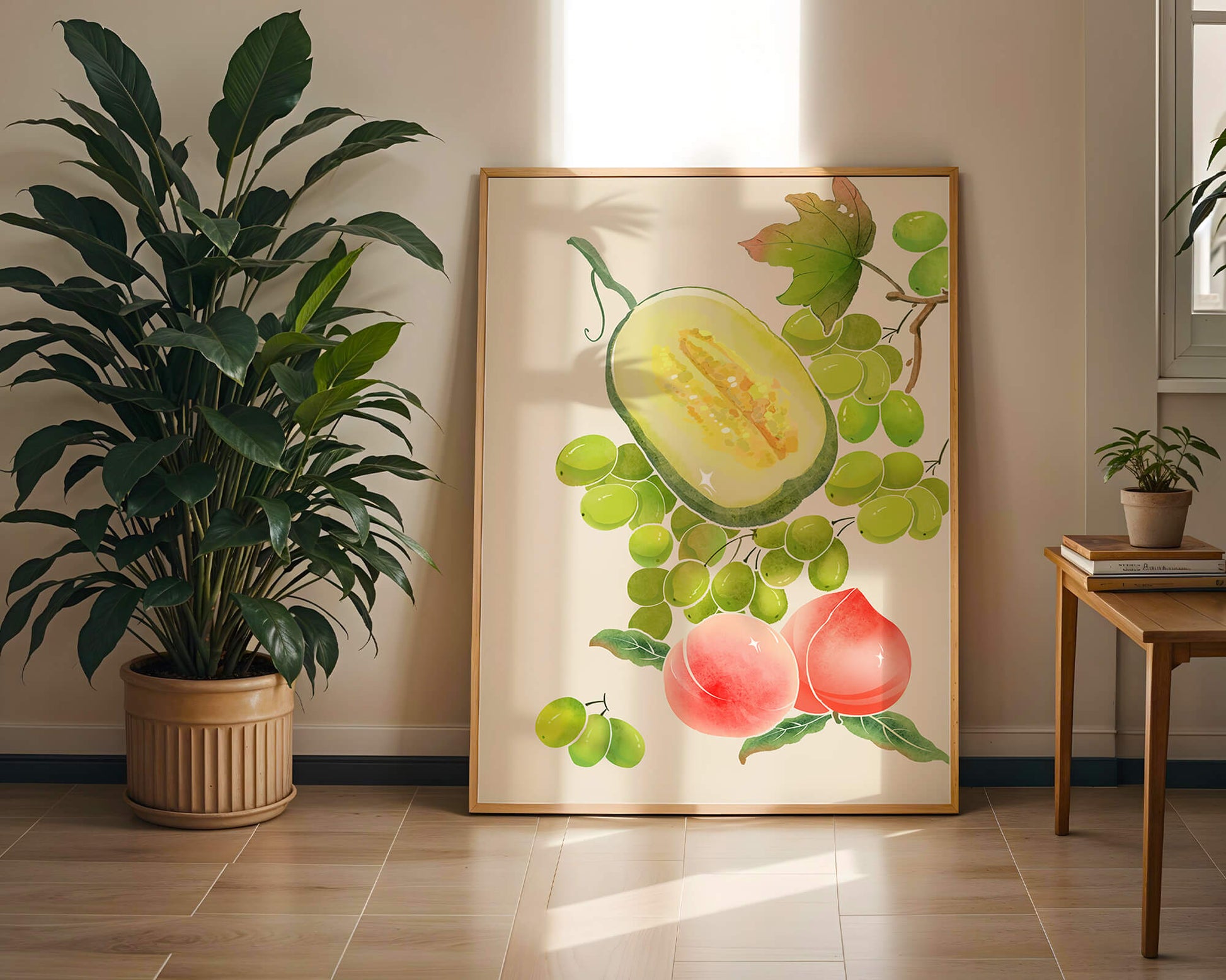 Ilustración de frutas vibrantes que incluye uvas, melón y duraznos