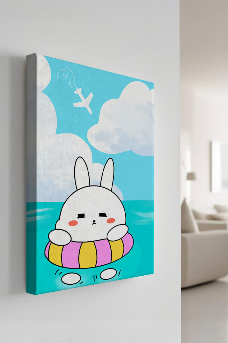 Illustration of a cute bunny floating on a colorful inflatable in a blue ocean under a bright sky with an airplane