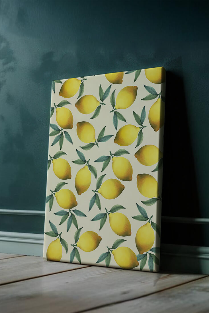 Vibrant lemon pattern with green leaves on a light background