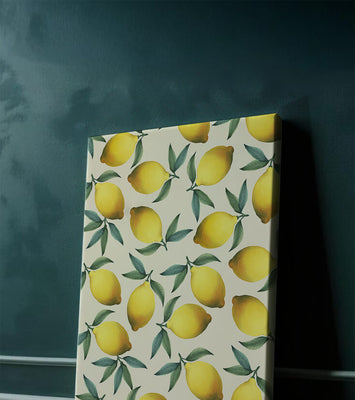 Vibrant lemon pattern with green leaves on a light background