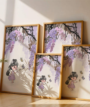 Charmante Illustration eines kleinen Mädchens mit Schmetterlingen und Glyzinienblüten