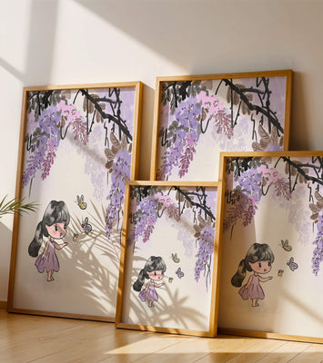 Charming illustration of a little girl with butterflies and wisteria flowers