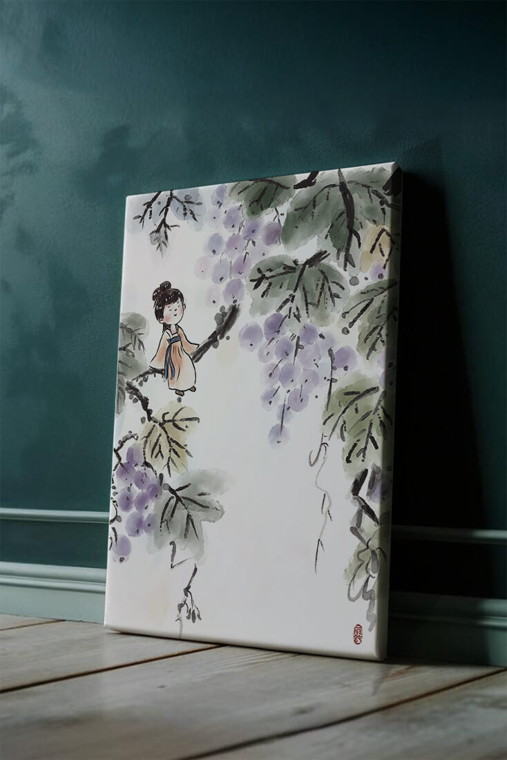 Una chica caprichosa sentada en una rama con bayas moradas y hojas verdes en estilo acuarela