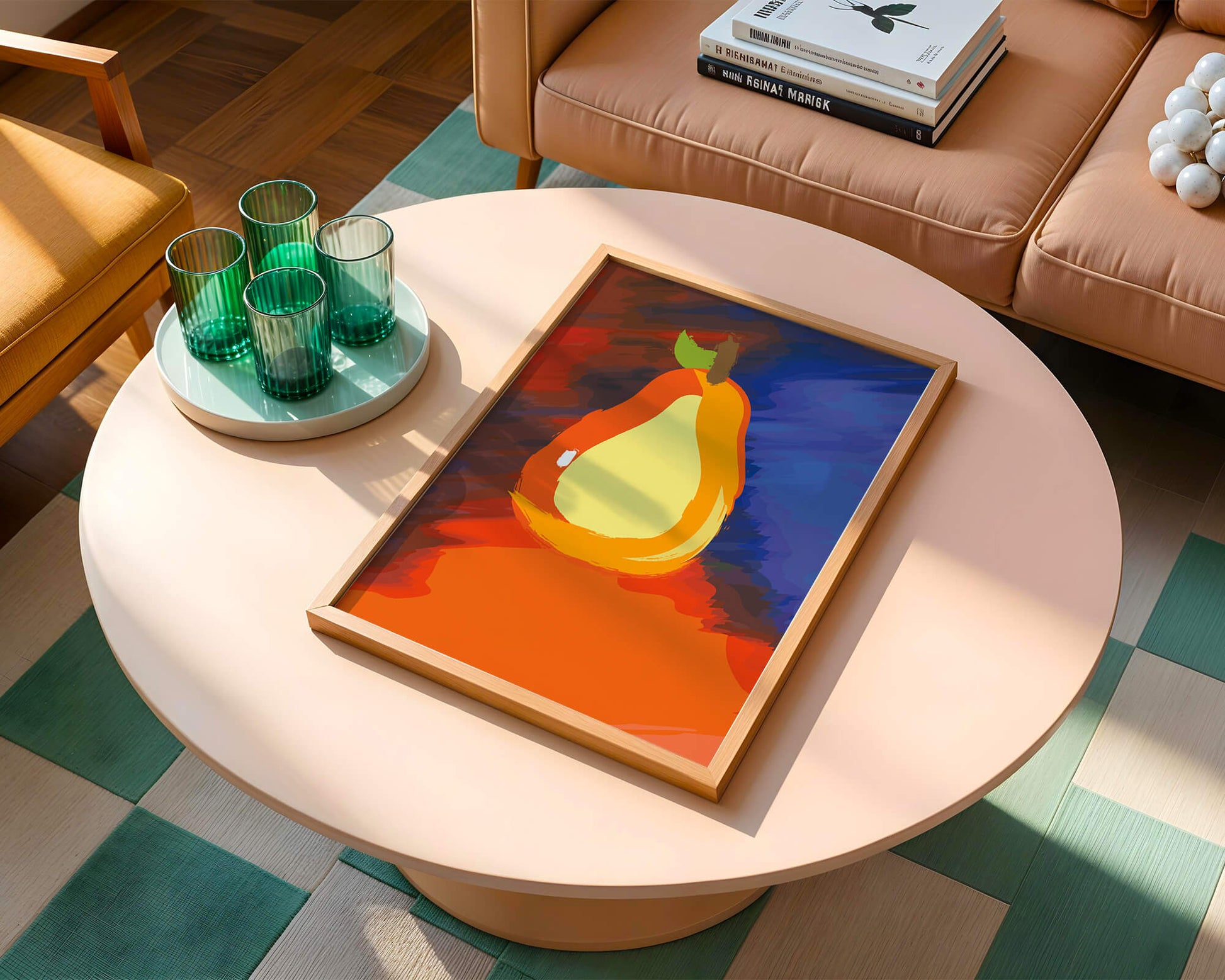 Pintura abstracta de una pera colorida sobre un fondo vibrante.