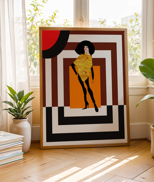Ilustración de moda con figura en dorado y fondo geométrico