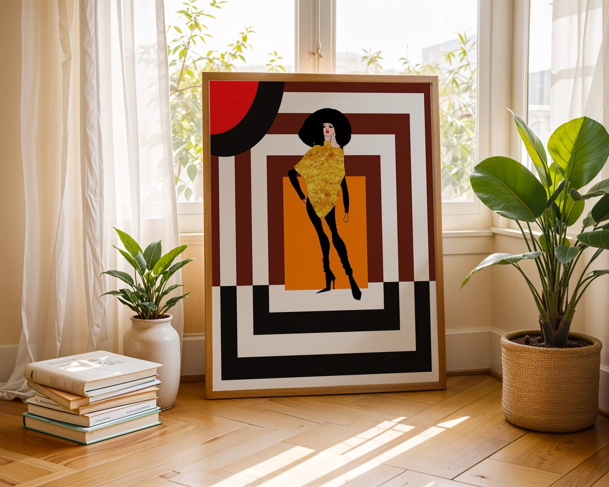 Fashion Illustration with Figure in Gold and Geometric Background