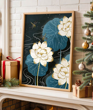 Elegant lotus flowers with dragonflies on a starry night background