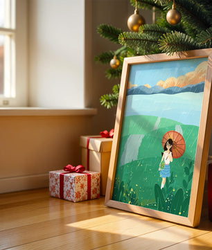 Girl with Umbrella in Rainy Meadow