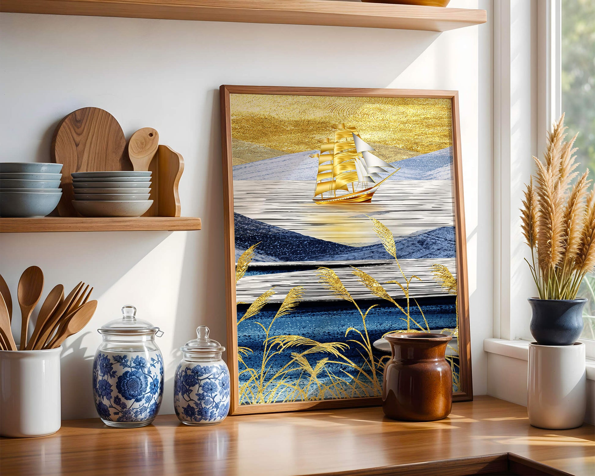 Golden Sailboat on Blue and Gold Landscape