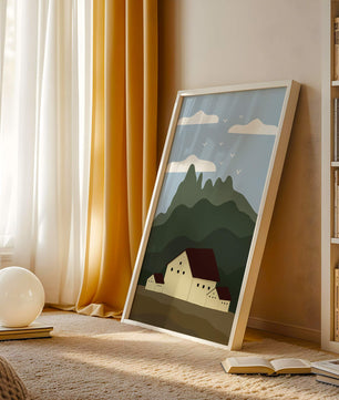 Paisaje minimalista de montaña con casas y pájaros en el cielo