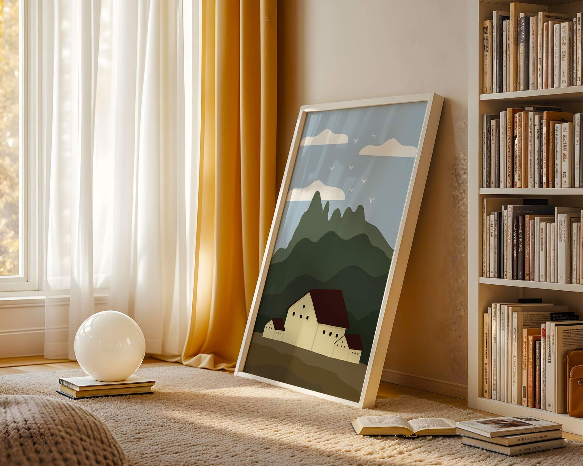 Paisaje minimalista de montaña con casas y pájaros en el cielo