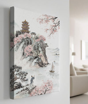 Tranquil Landscape with Cherry Blossoms and Traditional Pagoda