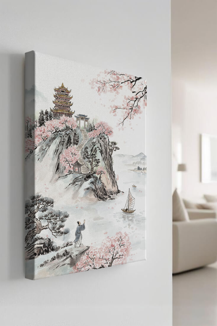 Tranquil Landscape with Cherry Blossoms and Traditional Pagoda