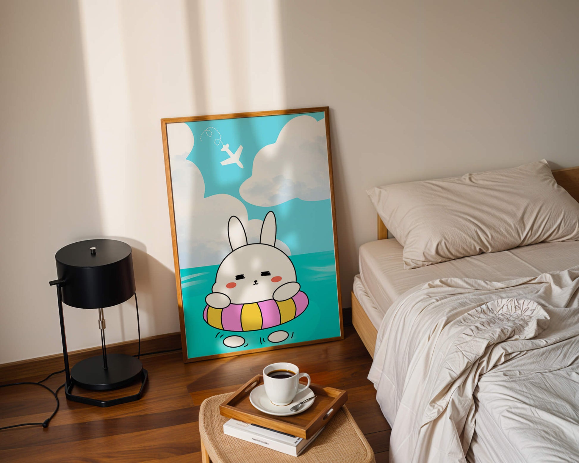 Illustration of a cute bunny floating on a colorful inflatable in a blue ocean under a bright sky with an airplane