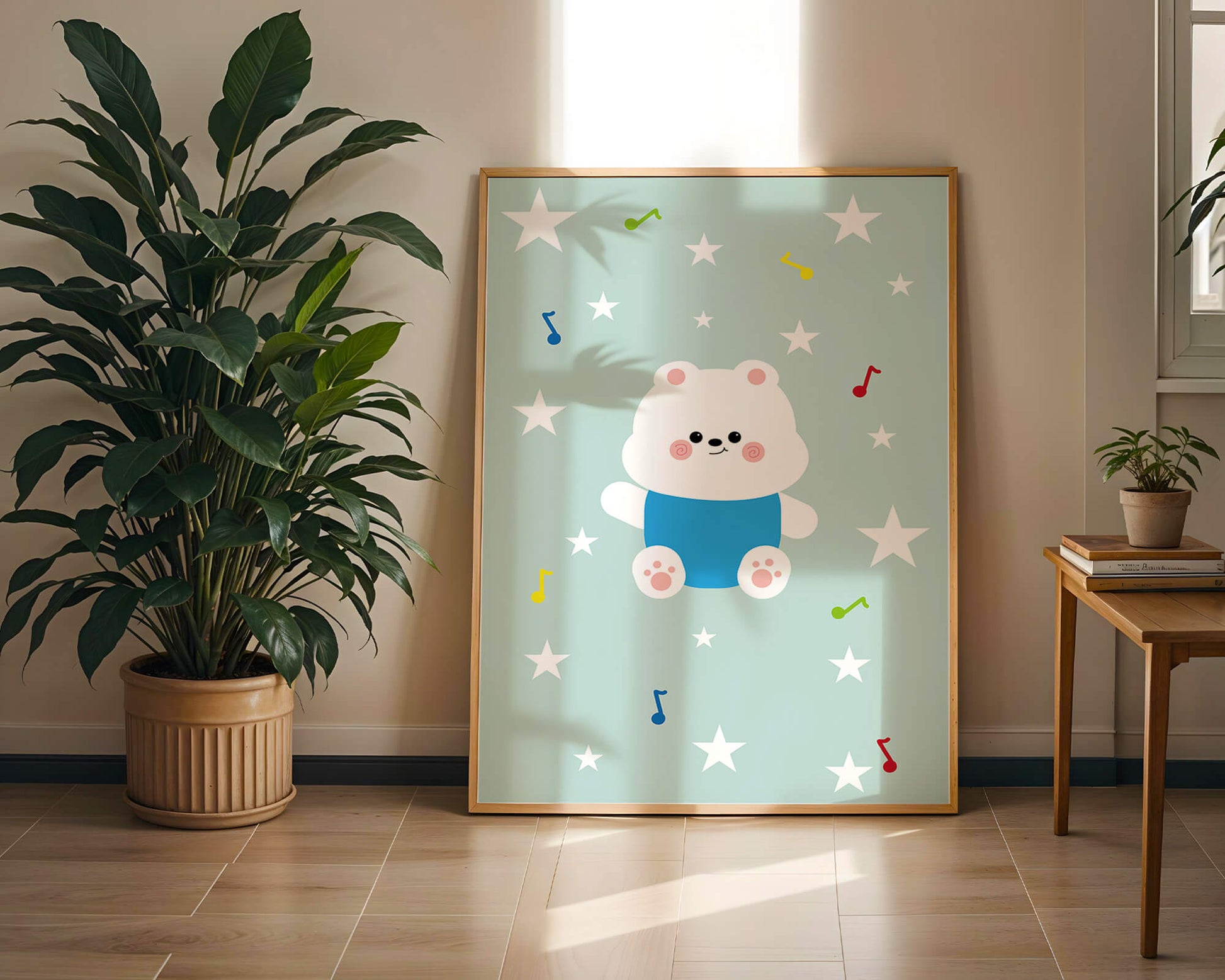 Playful bear illustration with musical notes and stars