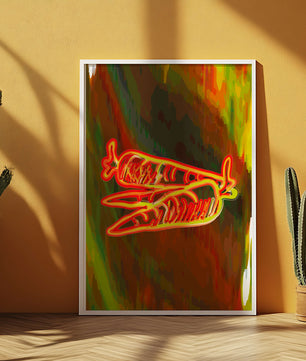 Abstract art featuring neon carrots on a colorful background