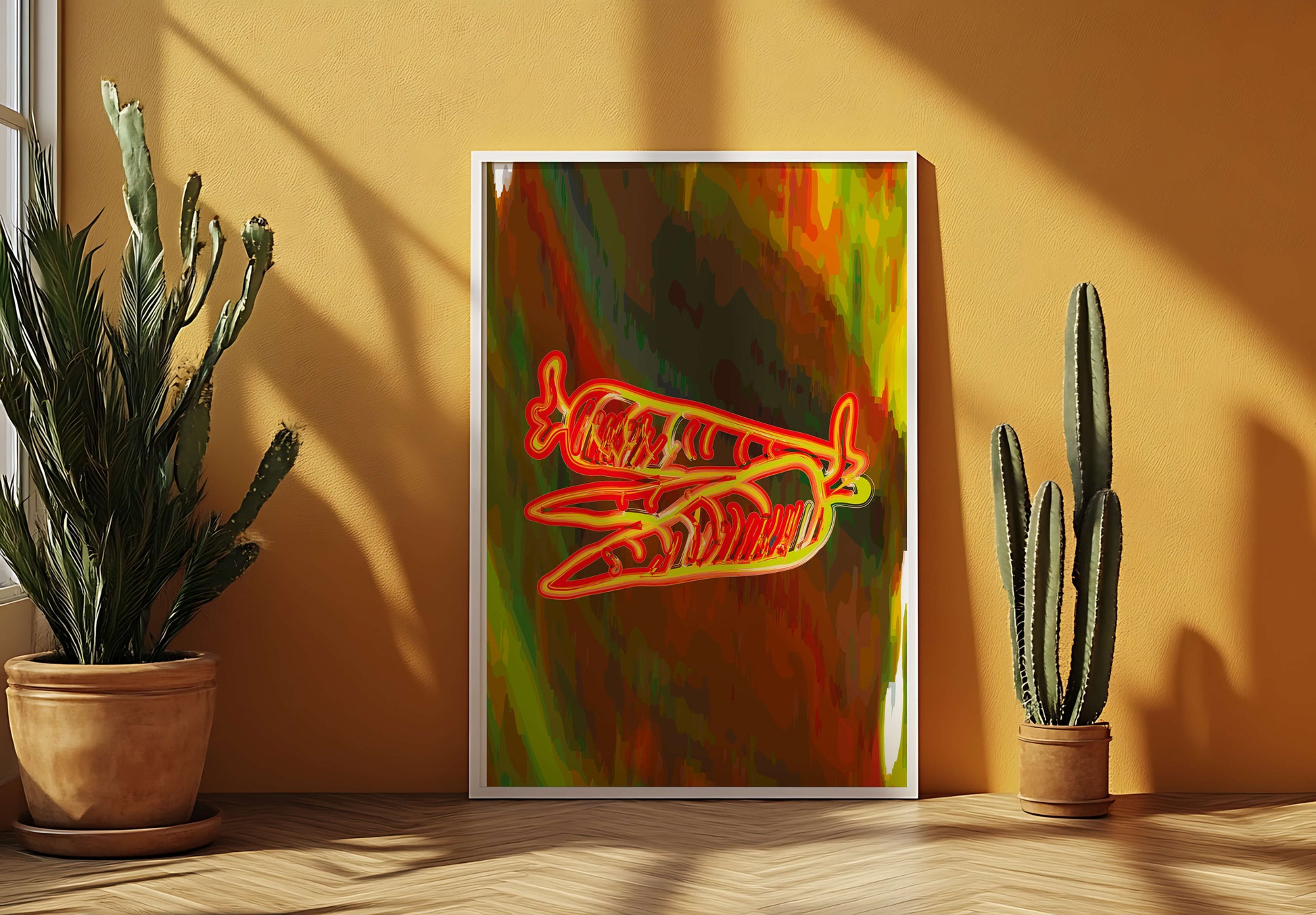 Abstract art featuring neon carrots on a colorful background