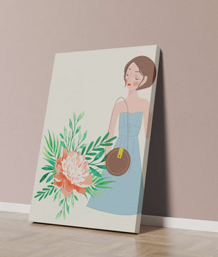 Ilustración de una mujer en vestido azul con diseño floral