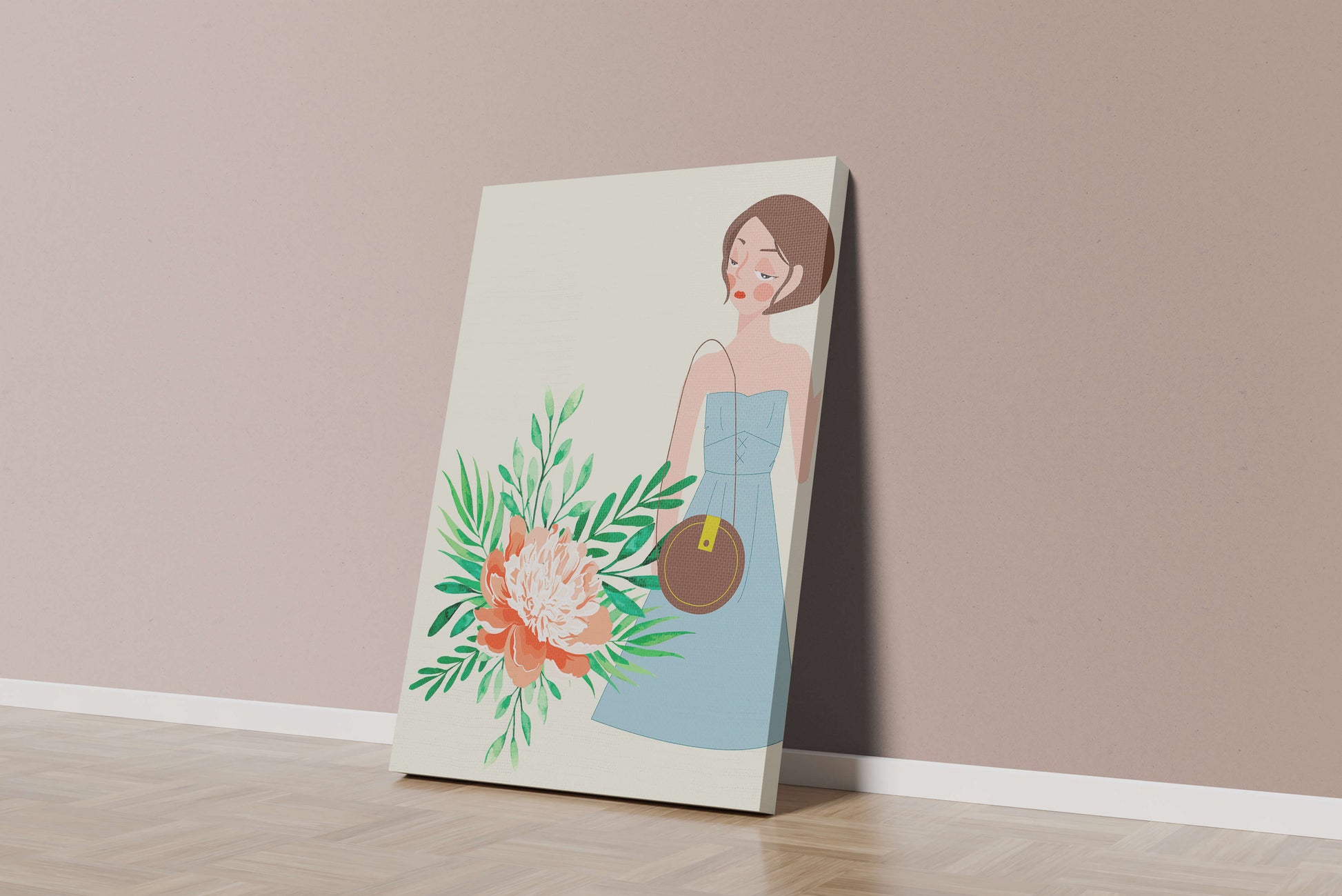 Ilustración de una mujer en vestido azul con diseño floral