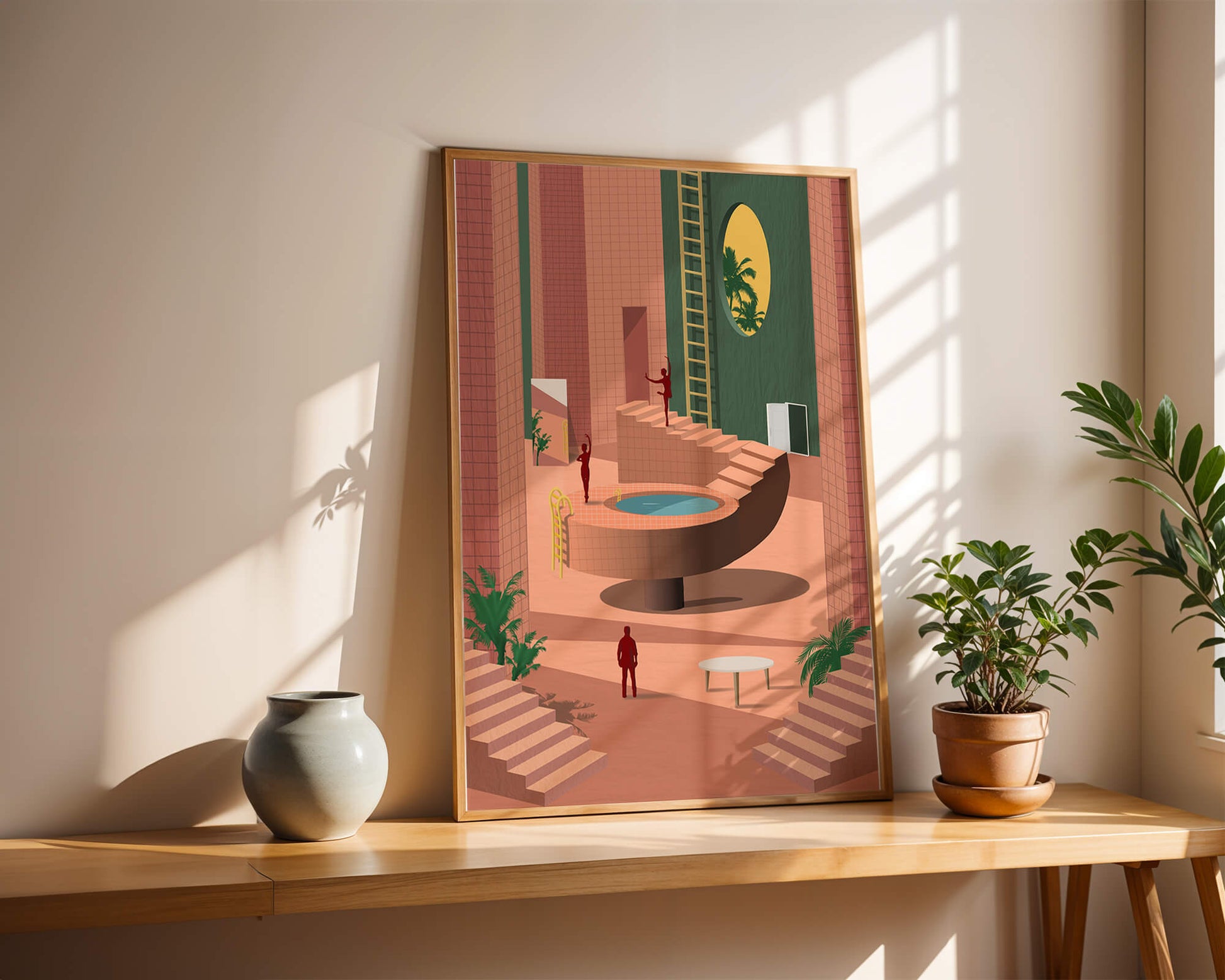 Modern architectural interior with geometric design and greenery