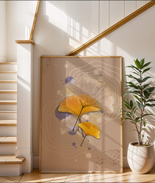 Elegante Blätter des Ginkgo mit abstrakten wellenförmigen und kreisförmigen Elementen