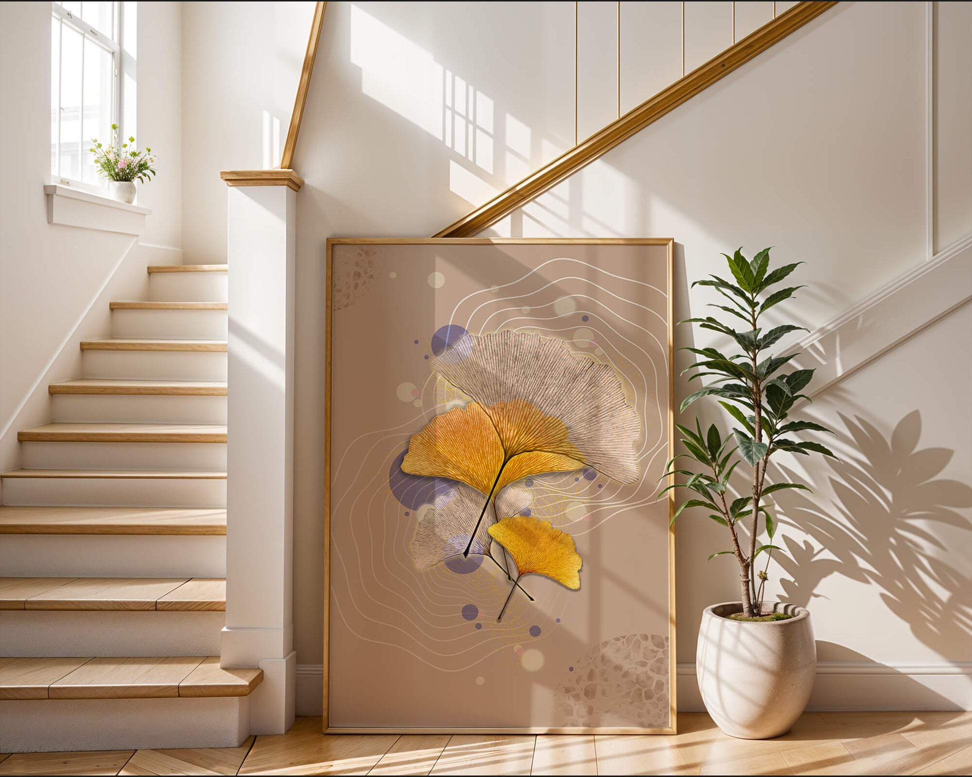 Elegant ginkgo leaves with abstract wavy and circular elements