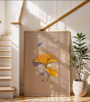 Elegant ginkgo leaves with abstract wavy and circular elements