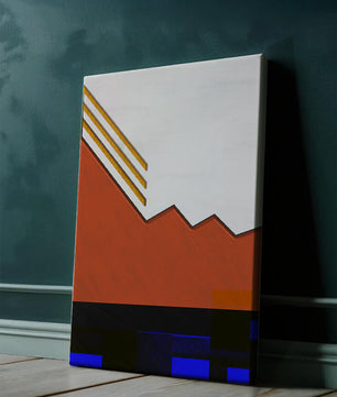 Abstrakte geometrische Komposition mit goldenen Akzenten und kräftigen Farben