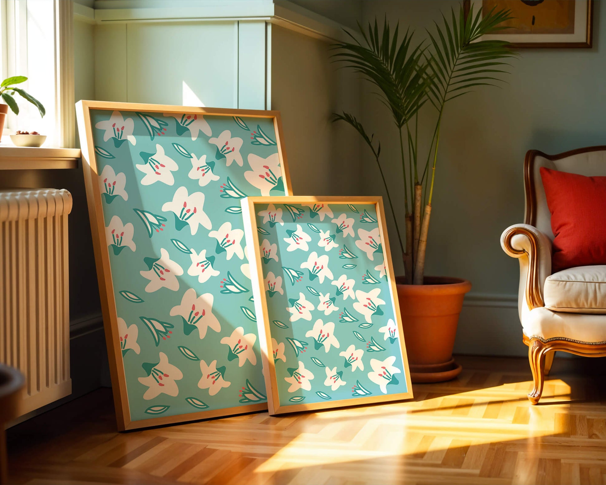 Floral pattern with white lilies on a turquoise background