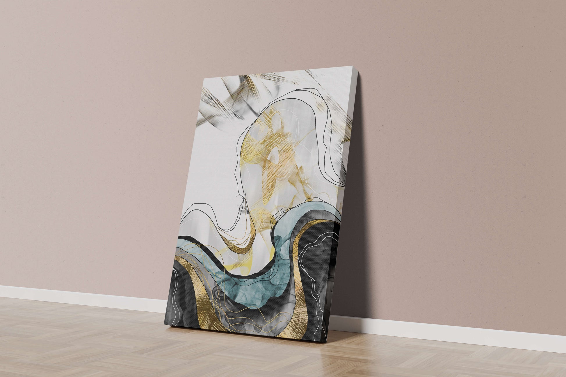 Arte abstracto con líneas fluidas y detalles dorados