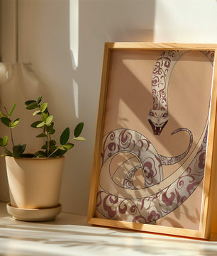 Elegant coiled snake with floral patterns in an artistic composition