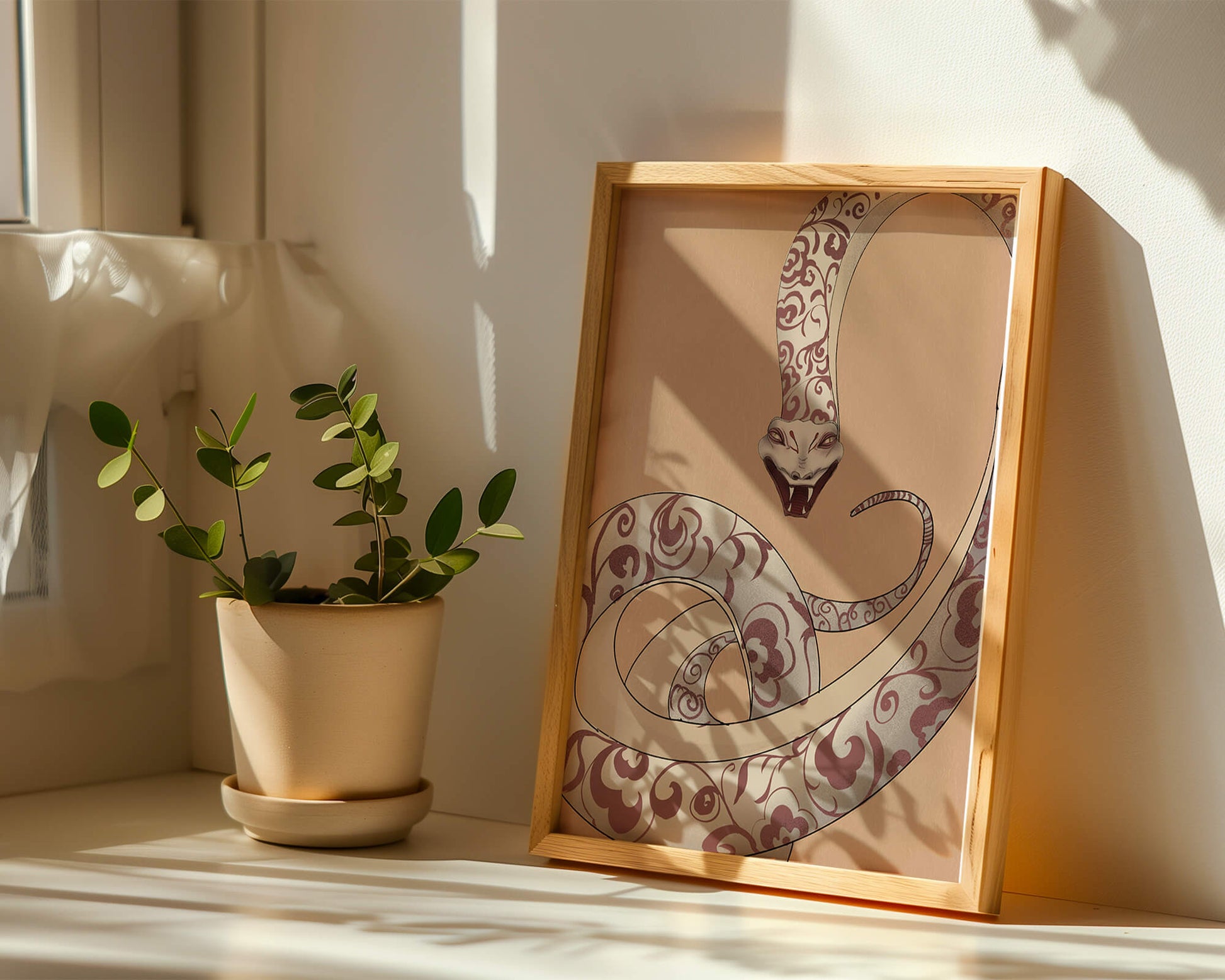 Elegant coiled snake with floral patterns in an artistic composition