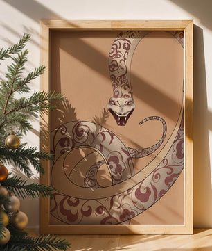 Elegant coiled snake with floral patterns in an artistic composition